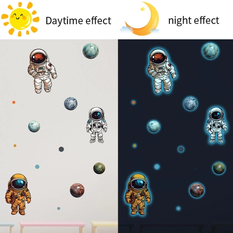 Adesivi Murali Astronauta Pianeta Fluorescenti Blu Luminosi Stelle Soffitto Decalcomanie Spaziali per Cameretta Bambini Decorazione Stanza Ragazzi
