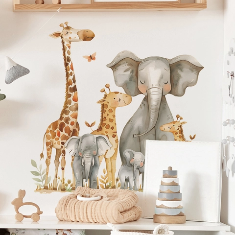 Cartoon Giraffe Elephant PVC Wall Stickers Removable Watercolor Animal Decals For Kids Room Nursery Kindergarten Decor