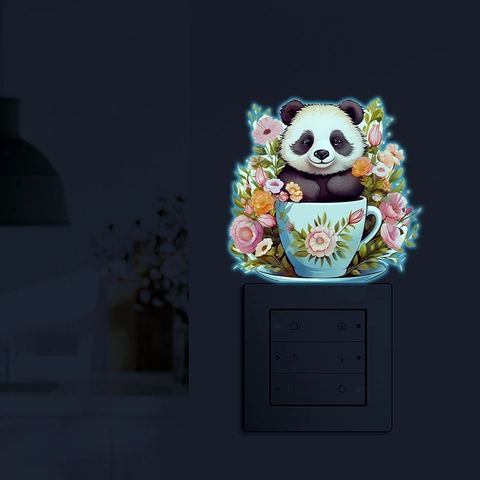 Cartoon Panda Tea Cup Flower Luminous Wall Sticker Glow In The Dark PVC Switch Decorative Decal For Home Living Room Bedroom