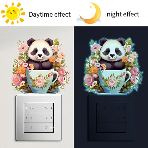 Cartoon Panda Tea Cup Flower Luminous Wall Sticker Glow In The Dark PVC Switch Decorative Decal For Home Living Room Bedroom