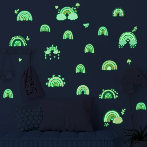 Fluorescerende Regenboog Muurstickers Voor Kinderkamer Lichtgevende Regenboog Wolken Harten Ster PVC Lichtgevende Kinderkamer Decals