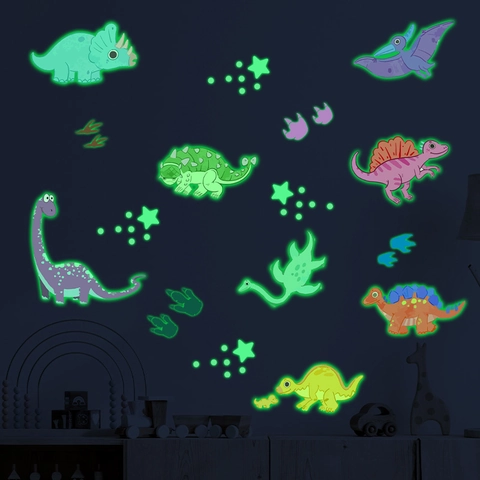 Pegatinas de Pared de Dinosaurios Animados Luminosas Brilla en la Oscuridad PVC Estrellas Huellas para Decoración de Niños