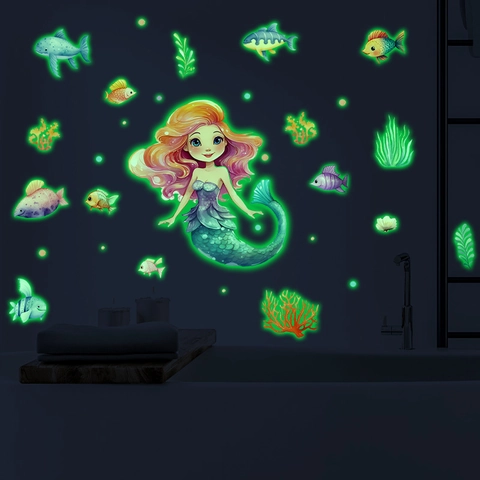 Zeemeermin Glow In The Dark Muurstickers Lichtgevende Oceaanwereld Vis Cartoon PVC Verwijderbare Decoratie Voor Kinderkamer Badkamer