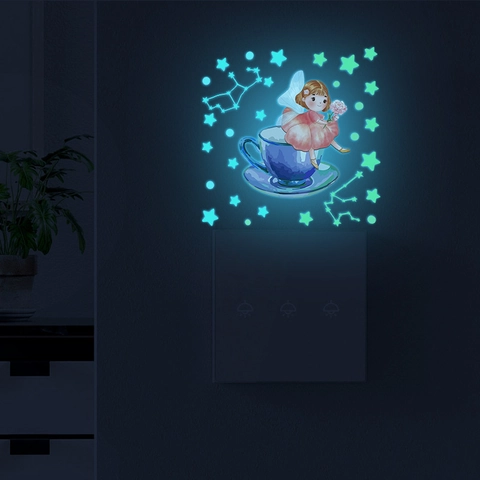 Adesivi Murali Luminosi Fluorescenti Fata Tazza di Tè Costellazioni di Stelle PVC Decalcomanie Autoadesive per Cameretta