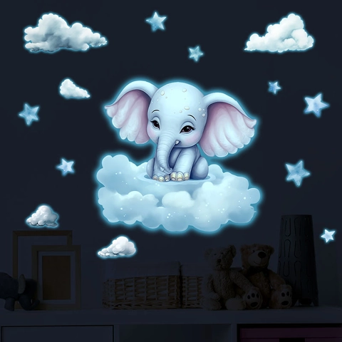 Lichtgevende Cartoon Olifant Wolk Ster Muurstickers Voor Kinderkamer Babykamer Decoratie Zelfklevende PVC Muurstickers