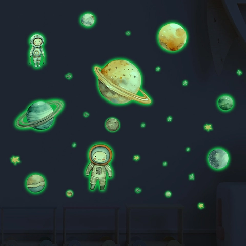 Glow In The Dark Space Astronaut Wall Stickers For Kids Room Decor PVC Luminous Planets Stars Ceiling Decals DIY Home Mural