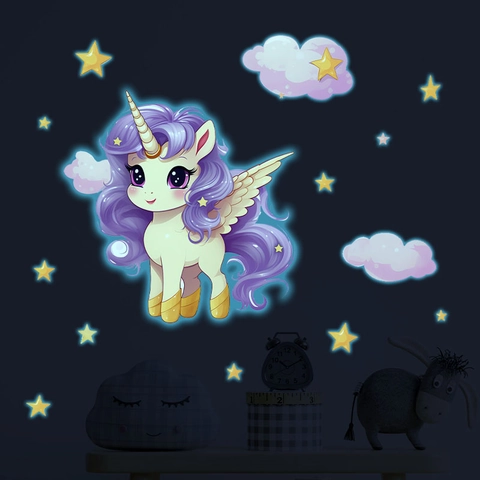 Cartoon Unicorn Glow In The Dark Wall Stickers Fluorescent Stars Clouds PVC Decals For Children Bedroom Home Wall Decor