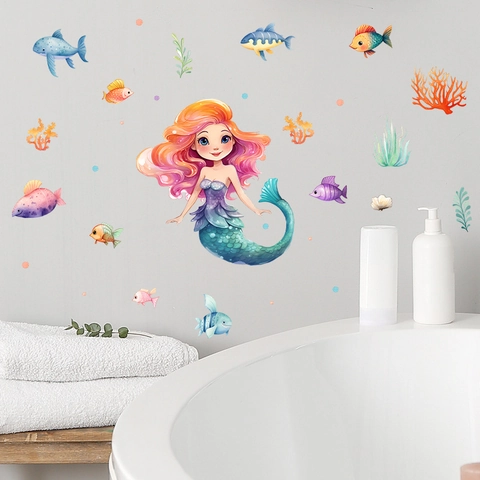 Zeemeermin Glow In The Dark Muurstickers Lichtgevende Oceaanwereld Vis Cartoon PVC Verwijderbare Decoratie Voor Kinderkamer Badkamer