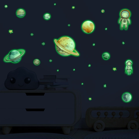 Glow In The Dark Space Astronaut Wall Stickers For Kids Room Decor PVC Luminous Planets Stars Ceiling Decals DIY Home Mural