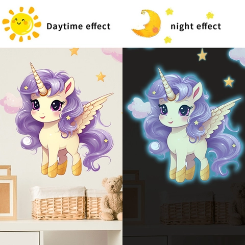 Cartoon Unicorn Glow In The Dark Wall Stickers Fluorescent Stars Clouds PVC Decals For Children Bedroom Home Wall Decor