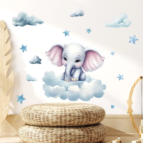Lichtgevende Cartoon Olifant Wolk Ster Muurstickers Voor Kinderkamer Babykamer Decoratie Zelfklevende PVC Muurstickers