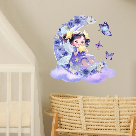 Adesivo da Parete Luminoso Ragazza del Fumetto Sulla Luna Con Fiori Stelle Farfalla PVC Autoadesivo Murale per Cameretta Bambini
