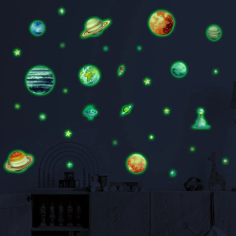 Adesivi Murali Pianeti Spaziali Fluorescenti al Buio Sistema Solare Stelle Razzo per Cameretta Bambini Decorazioni Murali Casa