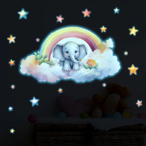 Adesivo Murale Elefante Arcobaleno Stella Luminoso al Buio in PVC per Cameretta Bambini e Decorazione della Casa