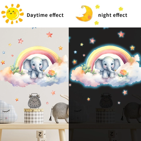 Adesivo Murale Elefante Arcobaleno Stella Luminoso al Buio in PVC per Cameretta Bambini e Decorazione della Casa