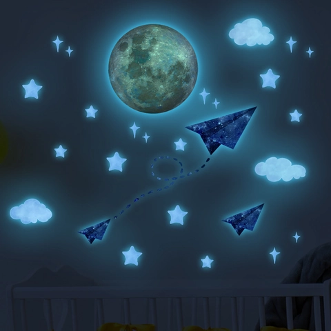 Leuchtend Mond Flugzeug Stern Wandtattoo Luminous PVC Abnehmbare Wandaufkleber Für Kinderzimmer Babyzimmer Home Deko
