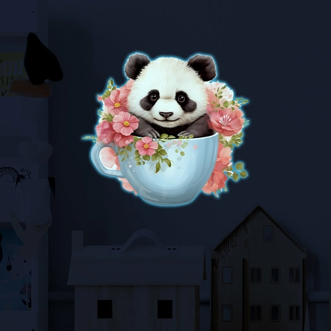Luminous Cartoon Panda Tea Cup Flower Wall Sticker Glow In The Dark PVC Home Decor Decal For Kids Room Bedroom
