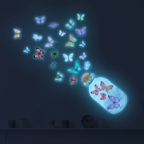 Sticker Murale Papillon Lumineux Dans Bouteille En Verre PVC Fluorescent Brillant Dans Le Noir Décalcomanie Chambre Enfant Maison