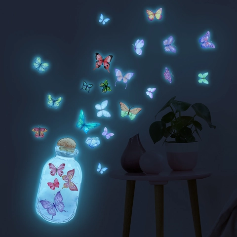 Sticker Murale Papillon Lumineux Dans Bouteille En Verre PVC Fluorescent Brillant Dans Le Noir Décalcomanie Chambre Enfant Maison