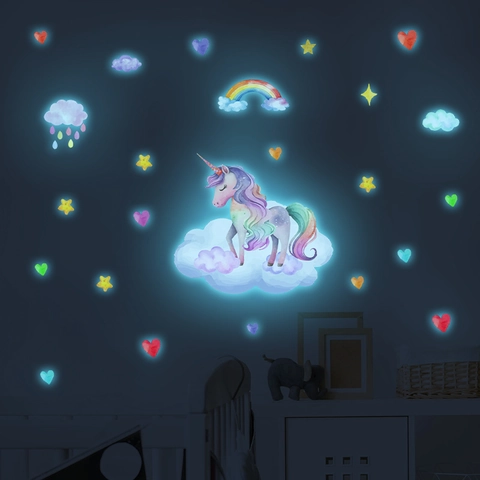 Leuchtende Einhorn Wandtattoo Regenbogen Sterne Herzen PVC Nachtleuchtend Aufkleber Für Kinderzimmer Schlafzimmer Dekor
