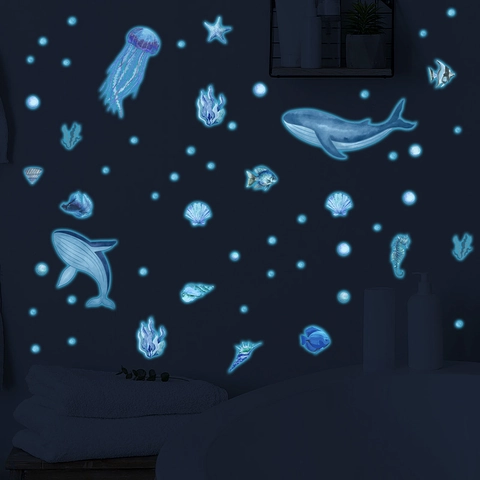 Adesivi Murali Mondo Sottomarino Fluorescenti Balena Medusa PVC Decalcomanie per Cameretta dei Bambini Bagno Luce Blu