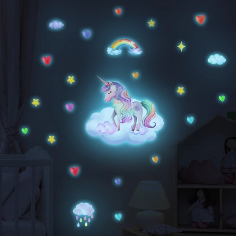 Leuchtende Einhorn Wandtattoo Regenbogen Sterne Herzen PVC Nachtleuchtend Aufkleber Für Kinderzimmer Schlafzimmer Dekor