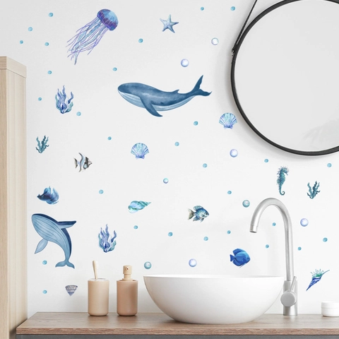 Adesivi Murali Mondo Sottomarino Fluorescenti Balena Medusa PVC Decalcomanie per Cameretta dei Bambini Bagno Luce Blu