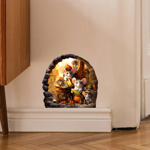 Adesivo Murale Luminoso a Forma di Buco del Topo Cartone Animato 3D Topo che Legge Adesivo in PVC per Cameretta Bambini