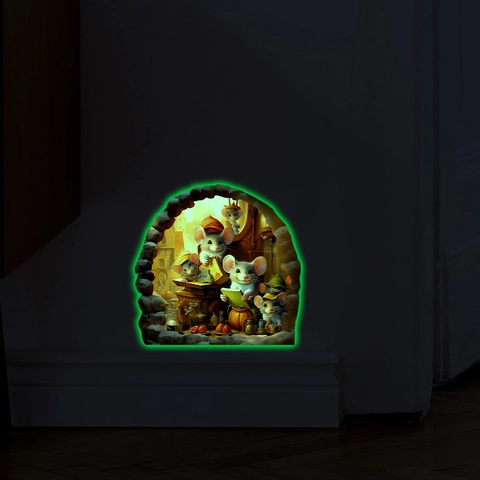 Adesivo Murale Luminoso a Forma di Buco del Topo Cartone Animato 3D Topo che Legge Adesivo in PVC per Cameretta Bambini