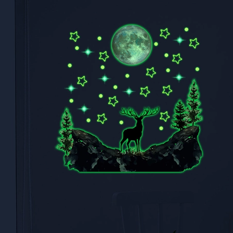 Pegatinas de Pared de Luna Estrellas Alce que Brillan en la Oscuridad Luminous Bosque Montaña de PVC Calcomanía Fluorescente