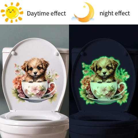 Luminosi Adesivi da Parete Cucciolo in Tazza Glow In The Dark Cane Fiore Impermeabile PVC Decalcomania Gabinetto per Cameretta Bambini