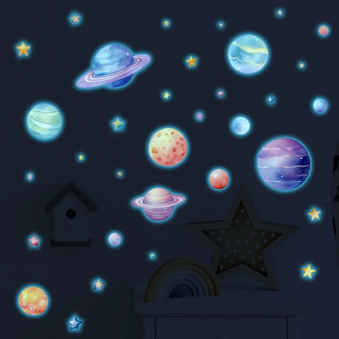 Adesivi Murali Pianeti Sistema Solare Luminosi Brilla al Buio Stelle Spaziali Acquerello PVC Decalcomania per Cameretta Bambini