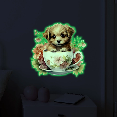 Luminosi Adesivi da Parete Cucciolo in Tazza Glow In The Dark Cane Fiore Impermeabile PVC Decalcomania Gabinetto per Cameretta Bambini