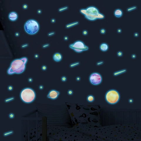 Luminous Solar System Wall Stickers Nine Planets Night Glow Space PVC Decals For Kids Bedroom Nursery Home Decoration
