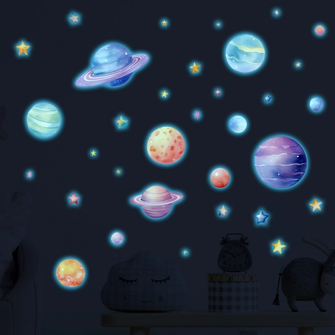 Adesivi Murali Pianeti Sistema Solare Luminosi Brilla al Buio Stelle Spaziali Acquerello PVC Decalcomania per Cameretta Bambini