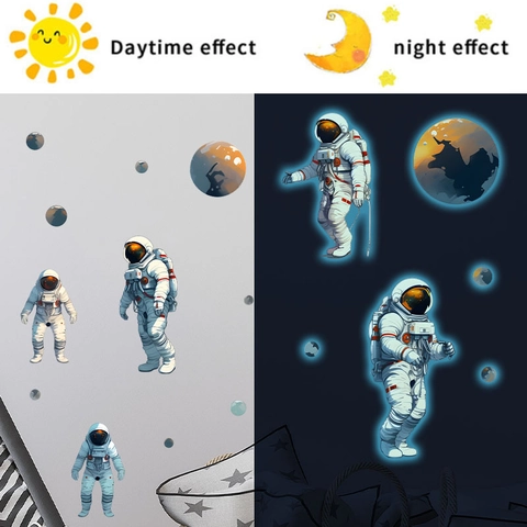 Adesivi Murali Luminosi Astronauta Spazio Pianeta Per Arredamento Cameretta Bambini PVC Fluorescente Avventura Interstellare