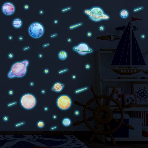 Luminous Solar System Wall Stickers Nine Planets Night Glow Space PVC Decals For Kids Bedroom Nursery Home Decoration