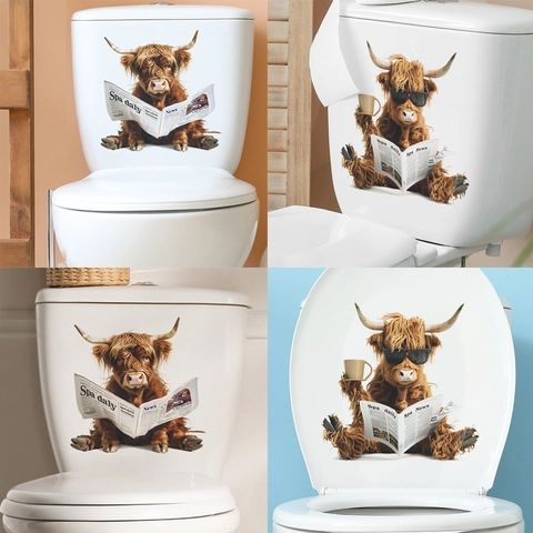 Pegatina de Inodoro Creativa de Vaca de las Tierras Altas Leyendo Periódico PVC Impermeable Calcomanía Humorística de Baño
