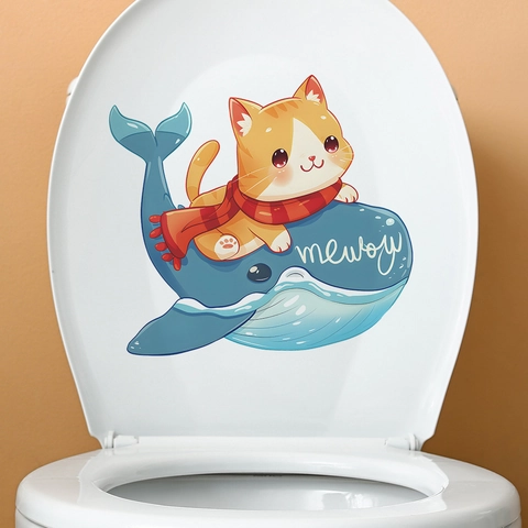 Adesivo per Coperchio del Gabinetto in PVC con Gatto e Balena Cartone Animato Decalcomania da Parete Impermeabile per Bagno Casa
