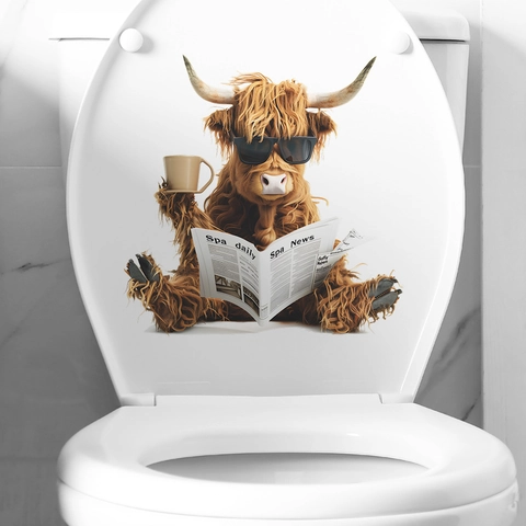 Pegatina de Inodoro Creativa de Vaca de las Tierras Altas Leyendo Periódico PVC Impermeable Calcomanía Humorística de Baño