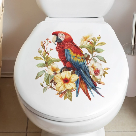 Tropische Rode Ara Papegaai En Hibiscus Bloem Toilet Sticker PVC Waterdicht Zelfklevend Muursticker Voor Badkamer Huis Decoratie
