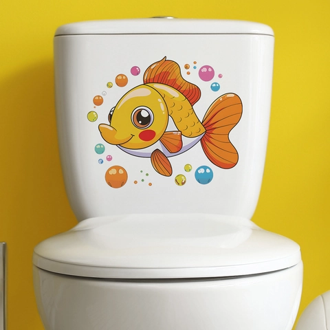 Cartoon Goudvis Bel Toiletsticker Voor Kinderkamer Badkamer PVC Zelfklevend Waterdicht Verwijderbare Huis Muursticker