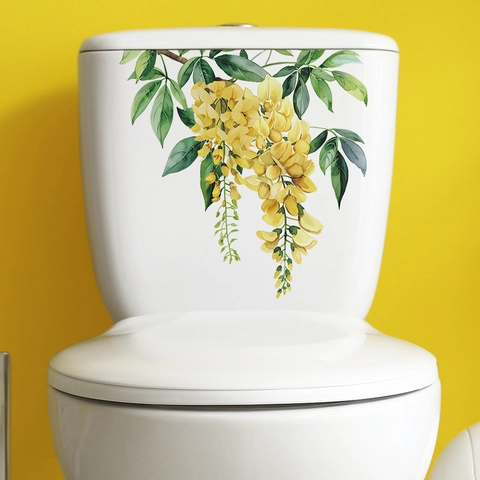 Adesivo per Sedile del WC con Fiori Gialli e Foglie Verdi ad Acquerello PVC Impermeabile Autoadesivo Decalcomania da Parete