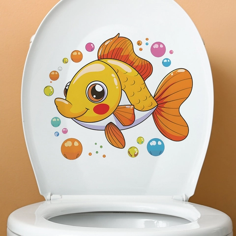Cartoon Goudvis Bel Toiletsticker Voor Kinderkamer Badkamer PVC Zelfklevend Waterdicht Verwijderbare Huis Muursticker