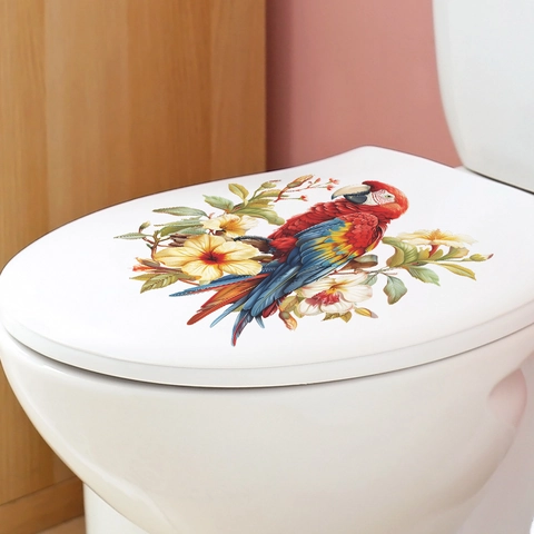 Tropische Rode Ara Papegaai En Hibiscus Bloem Toilet Sticker PVC Waterdicht Zelfklevend Muursticker Voor Badkamer Huis Decoratie