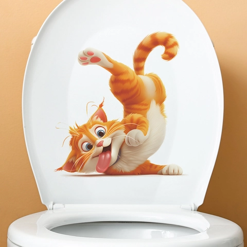 3D Cartoon Orange Getigerte Katze Toilettenaufkleber PVC Wasserdicht Abnehmbare Wandaufkleber Für Badezimmer Kinderzimmer Home Decor