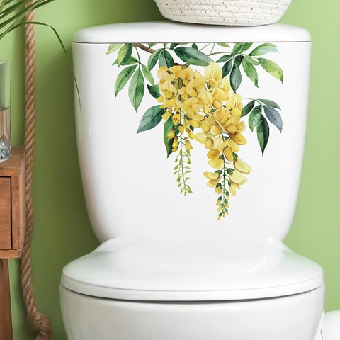 Adesivo per Sedile del WC con Fiori Gialli e Foglie Verdi ad Acquerello PVC Impermeabile Autoadesivo Decalcomania da Parete