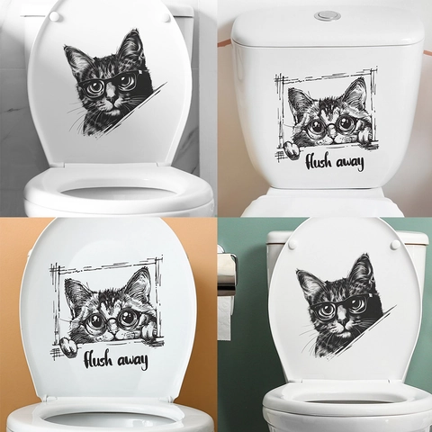 Kreative Cartoon Katze Mit Brille Toilettenaufkleber Abnehmbares PVC Wandtattoo Flush Away Tier Wandaufkleber Für Bad Dekor
