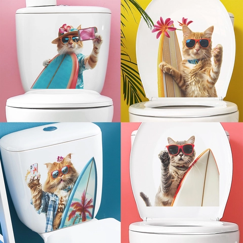 Verano Gato Surfeando Adhesivo Para Inodoro Impermeable PVC Decoración De Baño Lindo Gato De Dibujos Animados Con Gafas De Sol Tabla De Surf Adhesivo De Pared