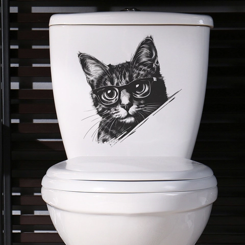 Kreative Cartoon Katze Mit Brille Toilettenaufkleber Abnehmbares PVC Wandtattoo Flush Away Tier Wandaufkleber Für Bad Dekor